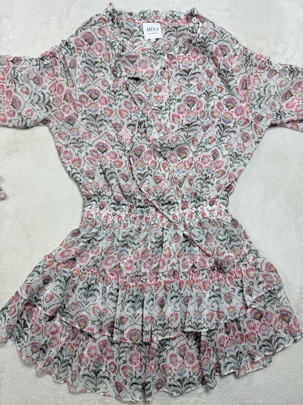 MISA Los Angeles Marion Tiered Ruffle Floral Chiffon Mini Dress Smocked Waist Sm